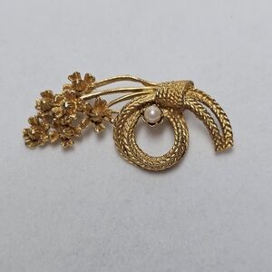 "4 for $20" Gold-Tone Floral Rope Bow Brooch with Pearl Accent